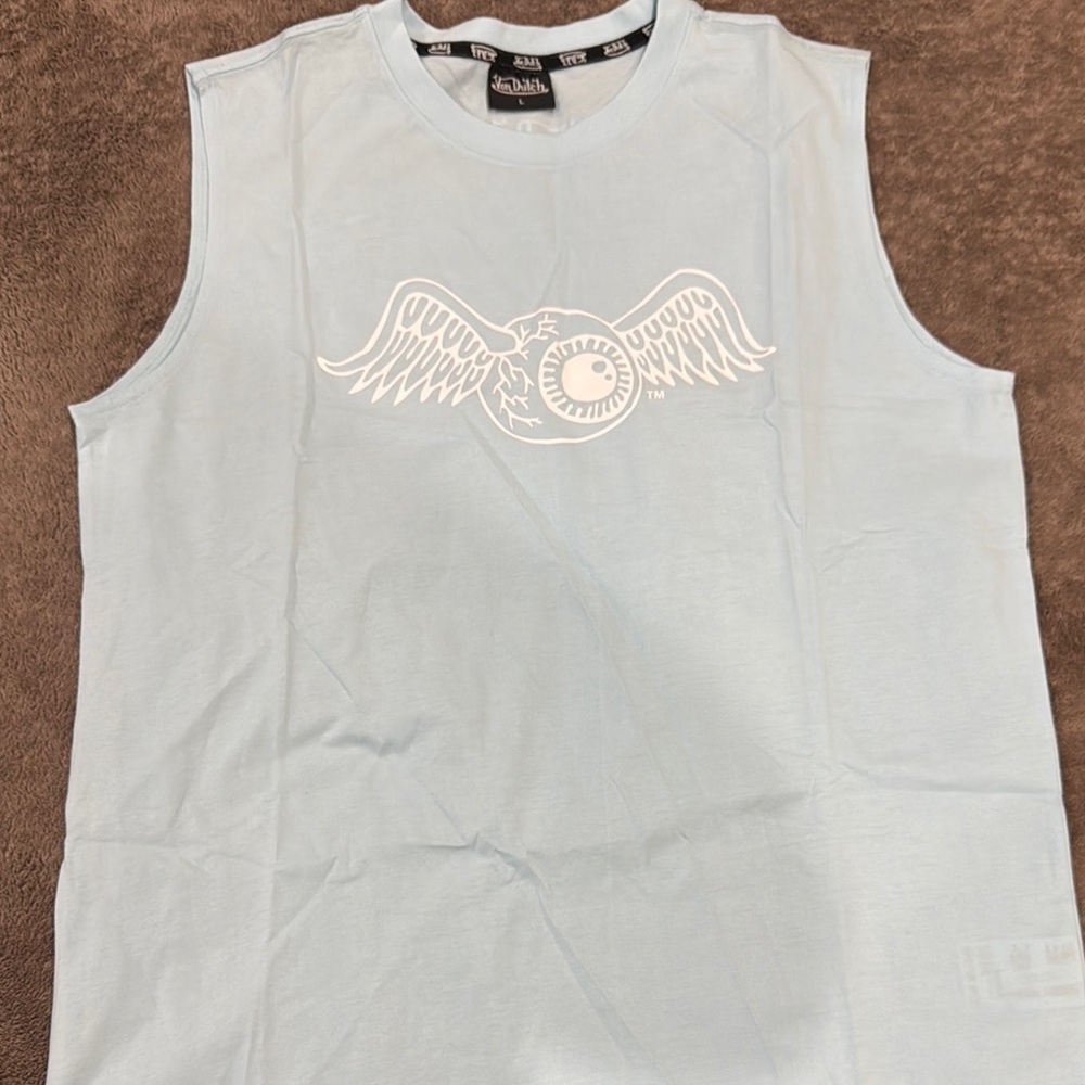Von Dutch Light Blue Sleeveless Tank with White Winged Eyeball Logo